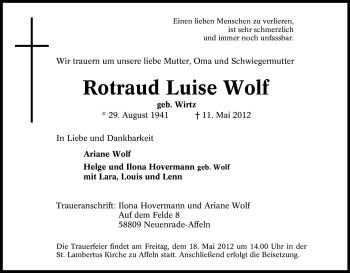 Traueranzeige von Rotraud Luise Wolf von Tageszeitung