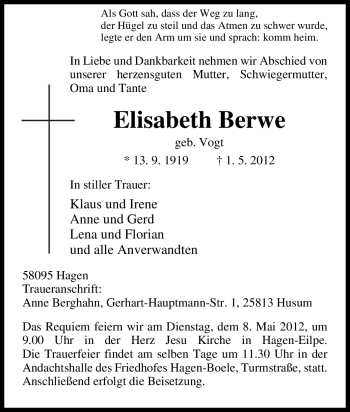 Traueranzeige von Elisabeth Berwe von Tageszeitung