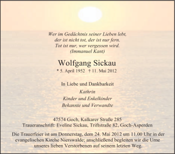 Traueranzeige von Wolfgang Sickau von Tageszeitung