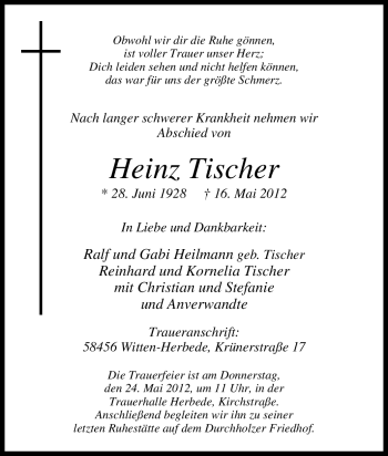 Traueranzeige von Heinz Tischer von Tageszeitung