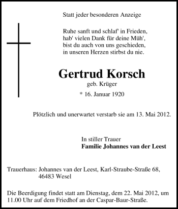 Traueranzeige von Gertrud Korsch von Tageszeitung