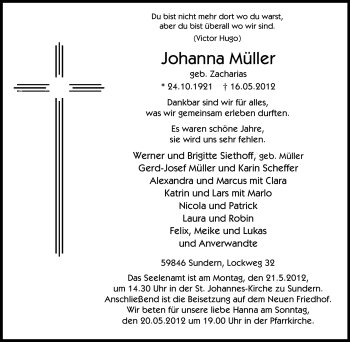 Traueranzeige von Johanna Müller von Tageszeitung