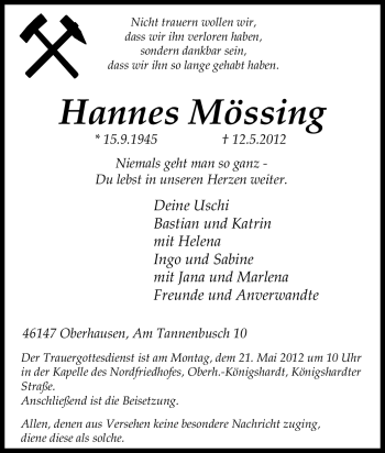 Traueranzeige von Hannes Mössing von Tageszeitung