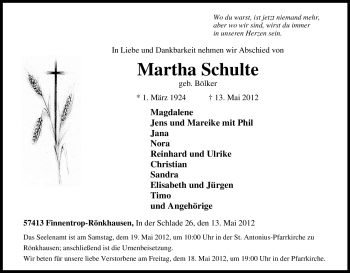 Traueranzeige von Martha Schulte von Tageszeitung