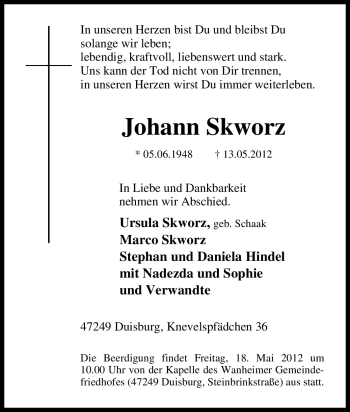 Traueranzeige von Johann Skworz von Tageszeitung