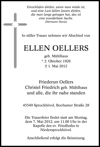 Traueranzeige von Ellen Oellers von Tageszeitung