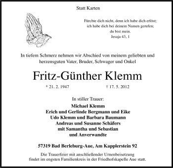 Traueranzeige von Fritz-Günther Klemm von Tageszeitung
