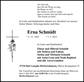 Traueranzeige von Erna Schmidt von Tageszeitung