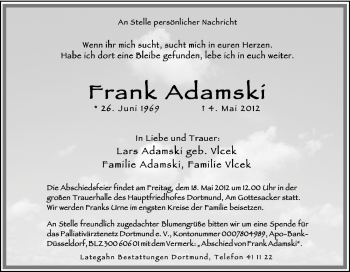 Traueranzeige von Frank Adamski von Tageszeitung