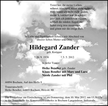 Traueranzeige von Hildegard Zander von Tageszeitung