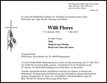 Traueranzeige von Willi Flores von Tageszeitung