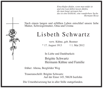 Traueranzeige von Lisbeth Schwartz von Tageszeitung