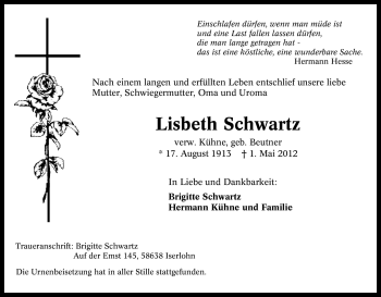 Traueranzeige von Lisbeth Schwartz von Tageszeitung
