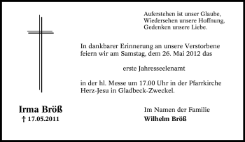 Traueranzeige von Irma Bröß von Tageszeitung