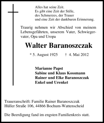 Traueranzeige von Walter Baranoszczak von Tageszeitung