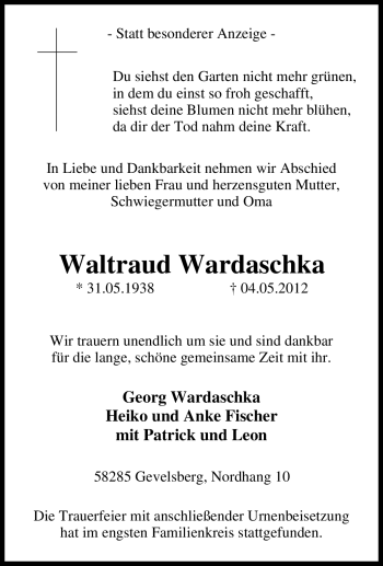 Traueranzeige von Waltraud Wardaschka von Tageszeitung