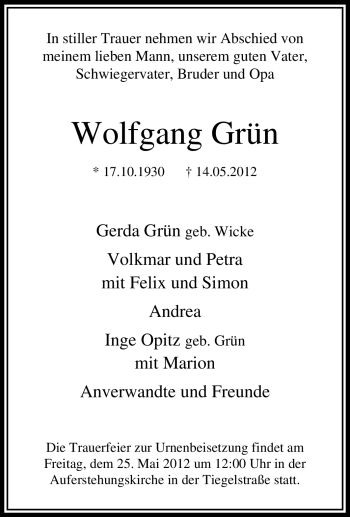 Traueranzeige von Wolfgang Grün von Tageszeitung