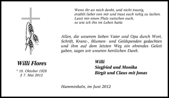 Traueranzeige von Willi Flores von Tageszeitung