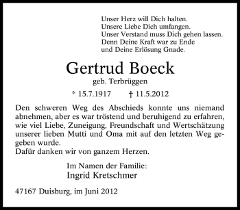 Traueranzeige von Gertrud Boeck von Tageszeitung