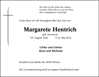 Traueranzeige von Margarete Hentrich von Tageszeitung