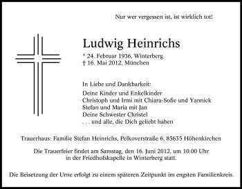 Traueranzeige von Ludwig Heinrichs von Tageszeitung