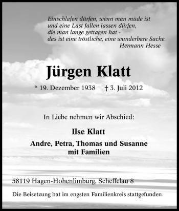Traueranzeige von Jürgen Klatt von Tageszeitung