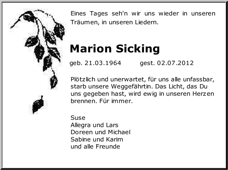  Traueranzeige für Marion Sicking vom 12.07.2012 aus Tageszeitung