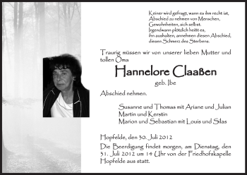 Traueranzeige von Hannelore Claaßen von Tageszeitung