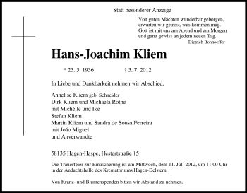 Traueranzeige von Hans-Joachim Kliem von Tageszeitung