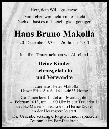Traueranzeige von Hans Bruno Makolla von Tageszeitung
