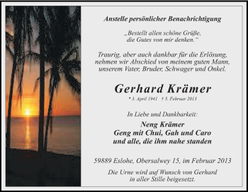 Traueranzeige von Gerhard Krämer von Tageszeitung