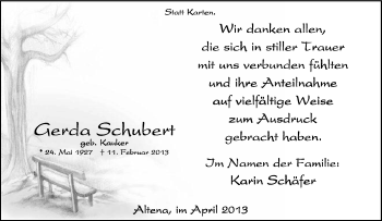 Traueranzeige von Gerda Schubert von Tageszeitung