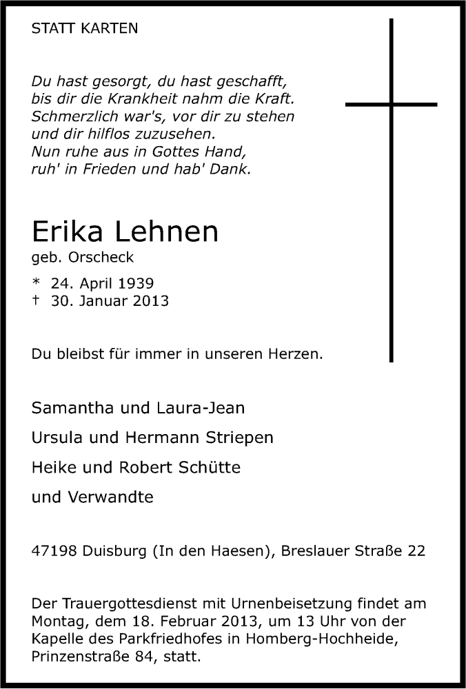  Traueranzeige für Erika Lehnen vom 15.02.2013 aus Tageszeitung