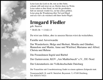 Traueranzeige von Irmgard Fiedler von Tageszeitung