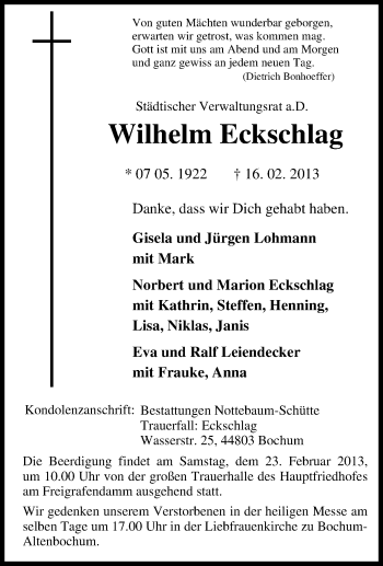 Traueranzeige von Wilhelm Eckschlag von Tageszeitung