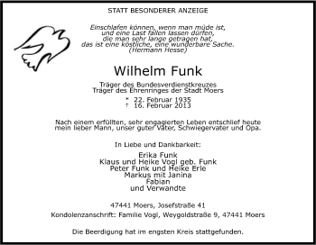 Traueranzeige von Wilhelm Funk von Tageszeitung