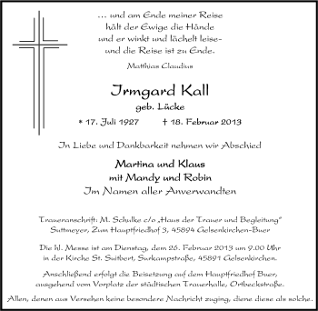 Traueranzeige von Irmgard Kall von Tageszeitung