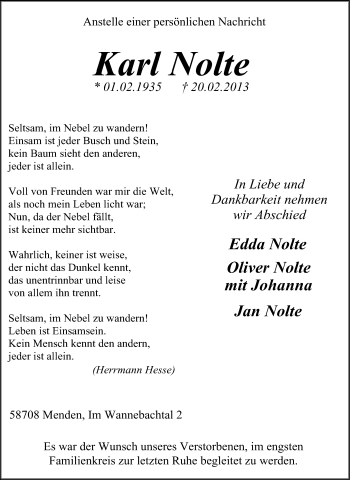 Traueranzeige von Karl Nolte von Tageszeitung