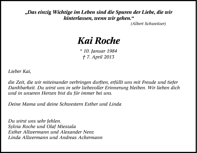  Traueranzeige für Kai Roche vom 19.04.2013 aus Tageszeitung