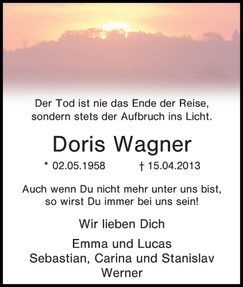 Traueranzeige von Doris Wagner von Tageszeitung