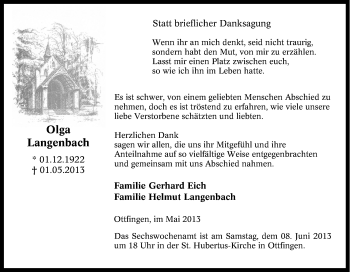 Traueranzeige von Olga Langenbach von Tageszeitung