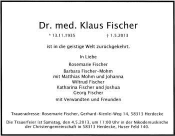 Traueranzeige von Klaus Fischer von Tageszeitung