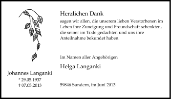 Traueranzeige von Johannes Langanki von Tageszeitung