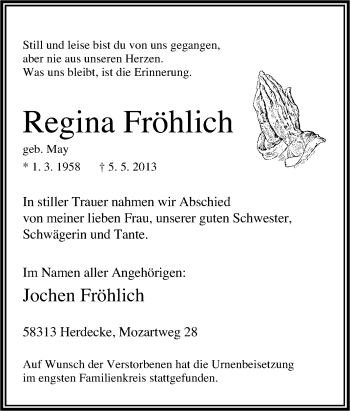 Traueranzeige von Regina Fröhlich von Tageszeitung