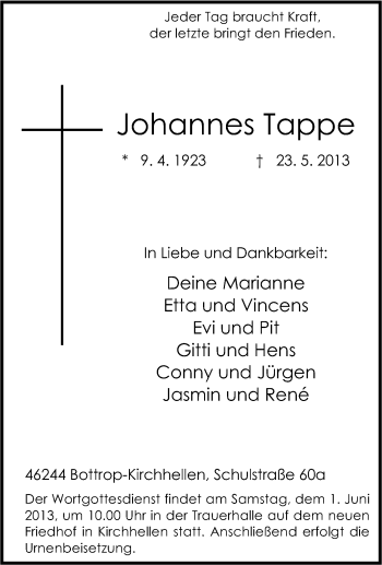 Traueranzeige von Johannes Tappe von Tageszeitung