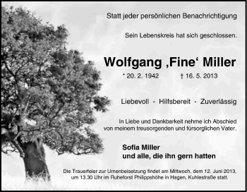 Traueranzeige von Wolfgang Miller von Tageszeitung