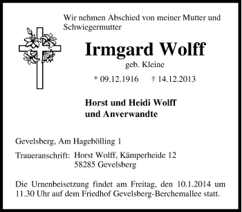 Traueranzeige von Irmgard Wolff von Tageszeitung