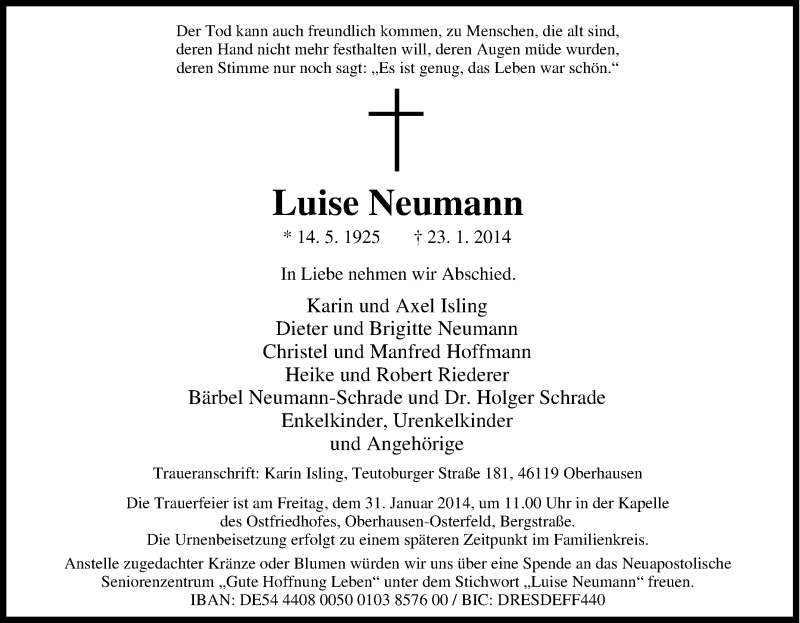  Traueranzeige für Luise Neumann vom 28.01.2014 aus Tageszeitung