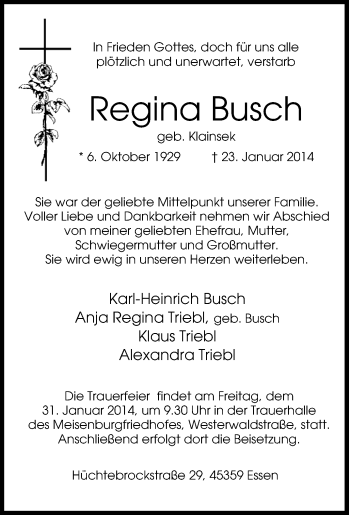 Traueranzeige von Regina Busch von Tageszeitung