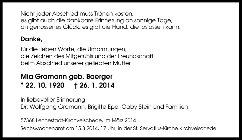  Traueranzeige für Mia Gramann vom 28.01.2014 aus Tageszeitung